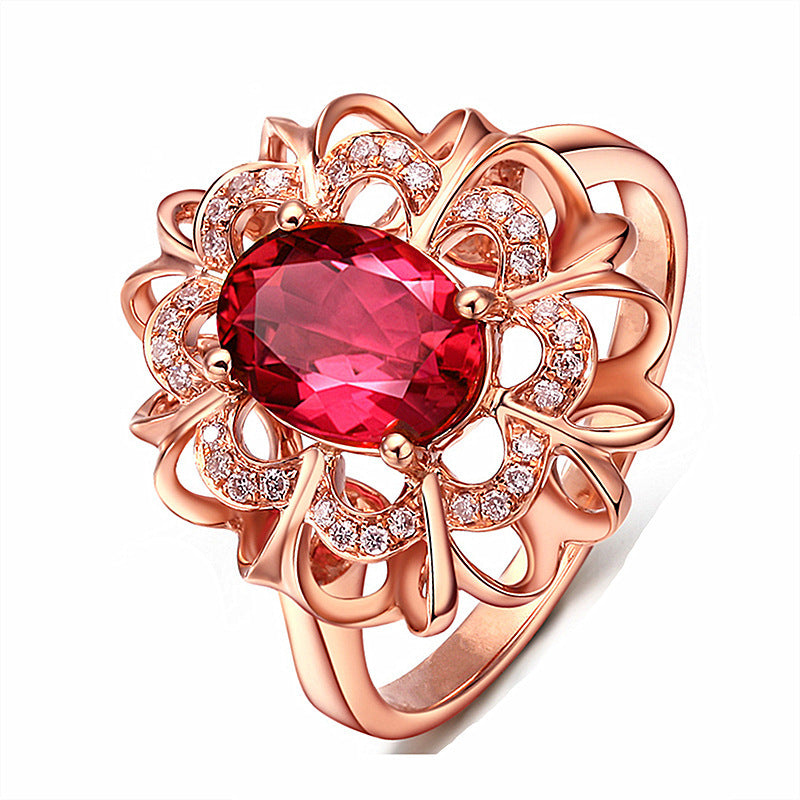 Women's 18K Rose Gold-plated Diamond-inlaid Hollow Flower Head Ring