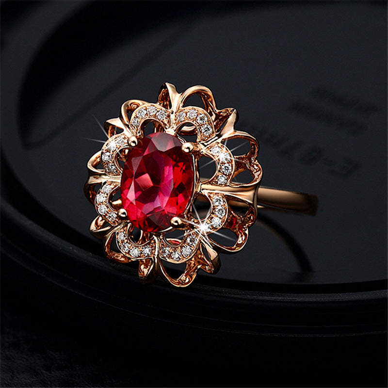 Women's 18K Rose Gold-plated Diamond-inlaid Hollow Flower Head Ring